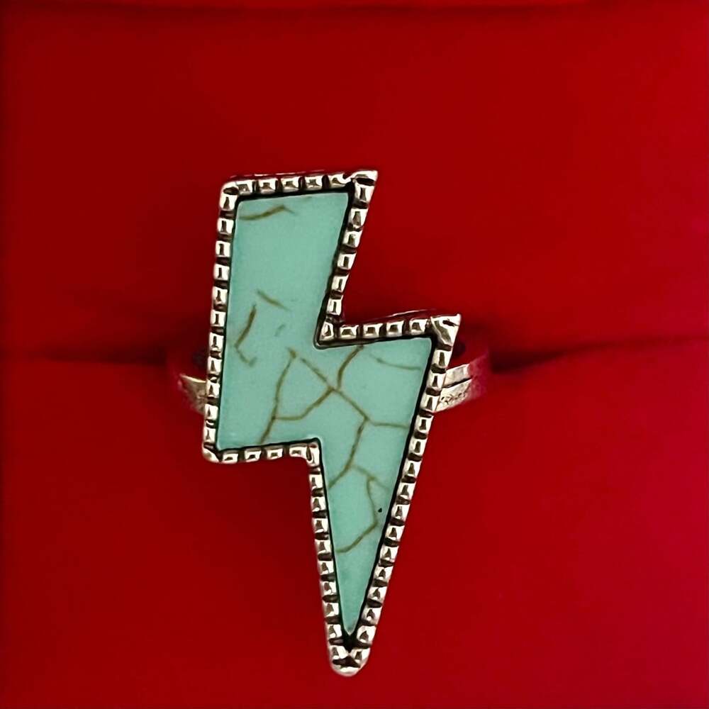 Lightning Bolt Turquoise Titanium Steel Silver Ring Size 7